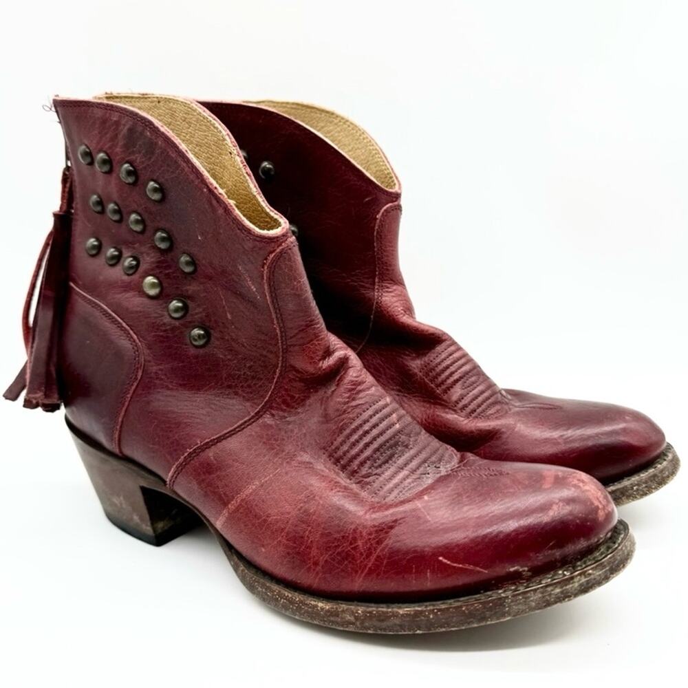 Shyanne Red Leather Rivet Tassel Western Heeled Booties Size 7.5 Festival Boho